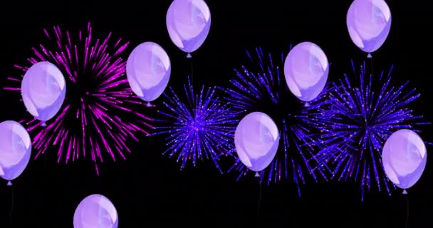 Animación Globos Lila Con Navidad Rosa Púrpura Fuegos Artificiales Año — Vídeos de Stock