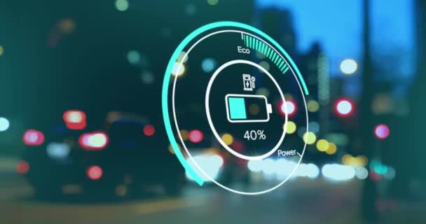 动态变化的充电状态数据在电动车接口上 在城市上空过夜 运输和技术 工程设计和数字视讯接口概念 — 图库视频影像