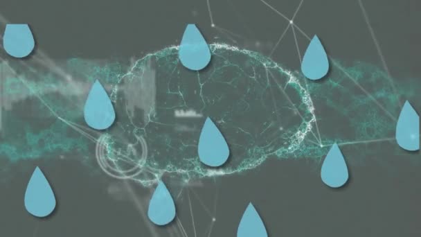 Animação Gotas Água Fiação Cerebral Rede Conexões Ambiente Aquecimento Global — Vídeo de Stock