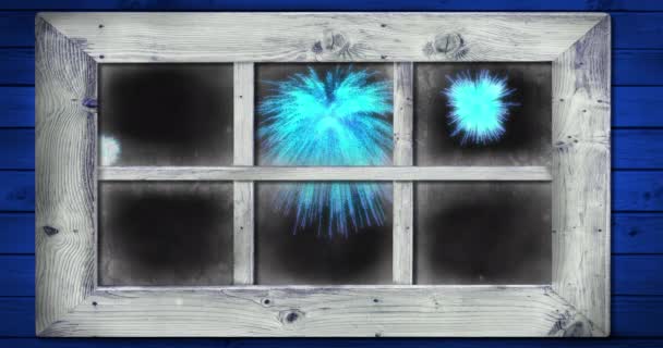 Анимация Окна Голубым Рождеством Новогодними Фейерверками Ночном Небе Рождество Новый — стоковое видео