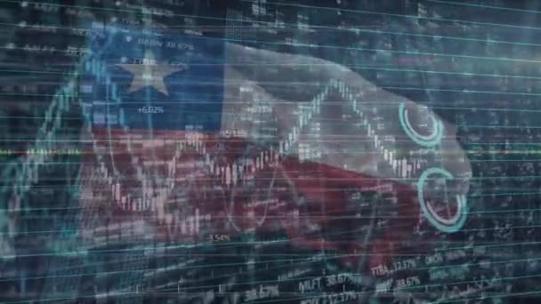 Animación Procesamiento Datos Gráficos Sobre Bandera Chile Sobre Fondo Negro — Vídeo de stock