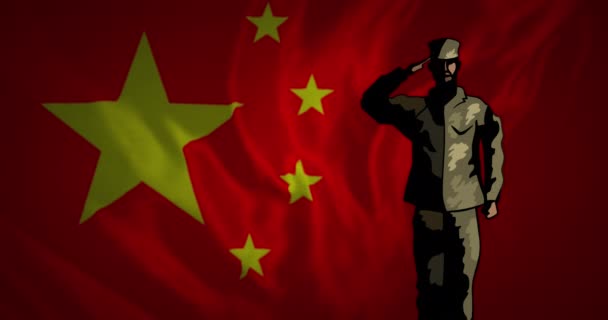Κινούμενη Σημαία Της Κίνας Πάνω Σιλουέτα Των Στρατιωτών Κινεζικές Ένοπλες — Αρχείο Βίντεο