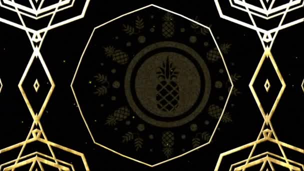 Animace Zlatých Kaleidoskopických Tvarů Ananasového Designu Pohybující Černé Padajícím Sněhem — Stock video