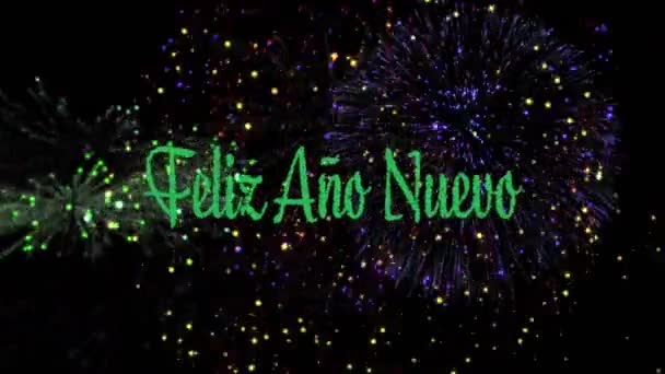 Animazione Feliz Ano Nuevo Testo Verde Con Colorati Fuochi Artificio — Video Stock