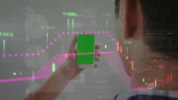 Animation Statistics Processing Man Using Smartphone Green Screen Global Business — Stock Video