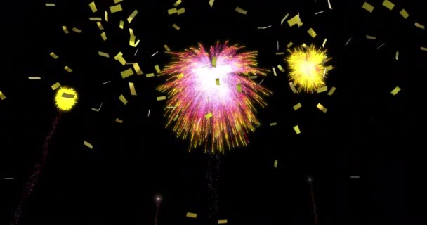 Animáció Színes Karácsonyi Újévi Tűzijáték Arany Konfetti Éjszakai Égen Karácsony — Stock videók