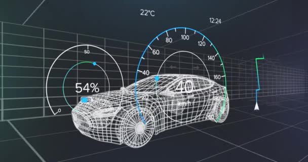 車両インターフェース上の速度計 Gpsおよび充電ステータスデータのアニメーション 3D車モデル上 輸送と技術 エンジニアリング設計とデジタルインターフェースの概念デジタル生成されたビデオ — ストック動画