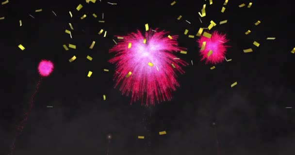 Анимация Розовых Цветов Новогодних Фейерверков Золотых Конфетти Ночном Небе Рождество — стоковое видео