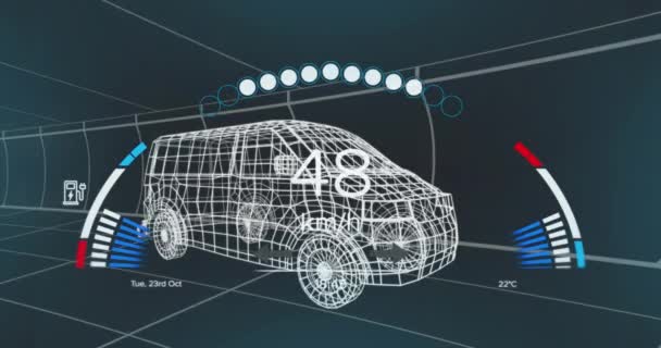 3Dバンモデル上の車両インターフェース上の速度計 Gpsおよび充電ステータスデータのアニメーション 輸送と技術 エンジニアリング設計とデジタルインターフェースの概念デジタル生成されたビデオ — ストック動画