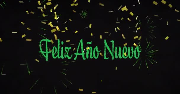 夜空に新しい年の花火と金のコンフェッティと緑のフェリズ ヌエボテキストのアニメーション 新年のお祝いパーティーや伝統的なコンセプトをデジタルで生成したビデオ — ストック動画