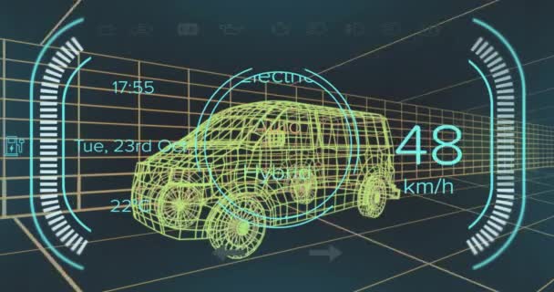 ハイブリッド車インターフェース上の速度計と電力状態データのアニメーション 3Dバンモデル上 輸送と技術 エンジニアリング設計とデジタルインターフェースの概念デジタル生成されたビデオ — ストック動画