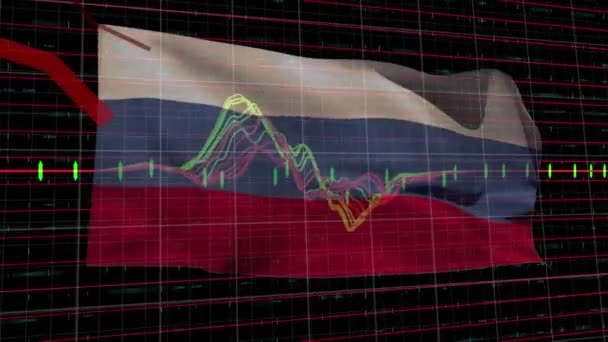 Animación Gráficos Procesamiento Datos Sobre Bandera Rusia Sobre Fondo Negro — Vídeo de stock