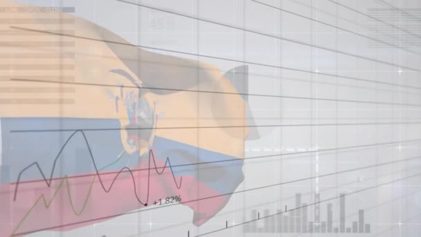 Animáció Adatfeldolgozás Grafikonok Felett Zászló Ecuador Szürke Alapon Ecuadori Gazdaság — Stock videók