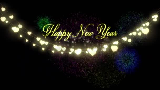 夜空に爆発するハートの妖精の光と花火と幸せな新年のテキストのアニメーション 新年のお祝いパーティーや伝統的なコンセプトをデジタルで生成したビデオ — ストック動画