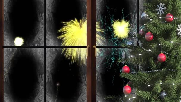 用圣诞树和烟火在夜空中爆炸的窗户动画 圣诞节 庆祝活动 聚会和传统概念数码制作的视频 — 图库视频影像