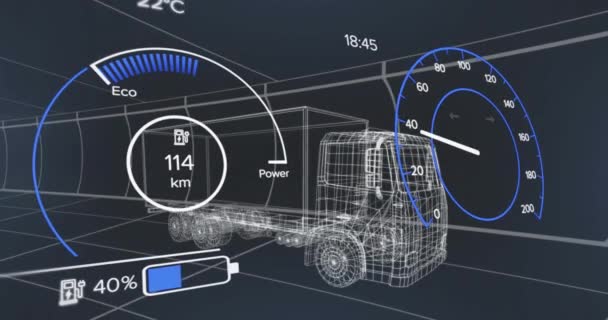动画速度计 Gps和充电状态数据的车辆接口 超过3D卡车模型 运输和技术 工程设计和数字视讯接口概念 — 图库视频影像