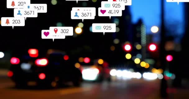 Animation Von Social Media Symbolen Und Zahlen Über Den Straßenverkehr — Stockvideo
