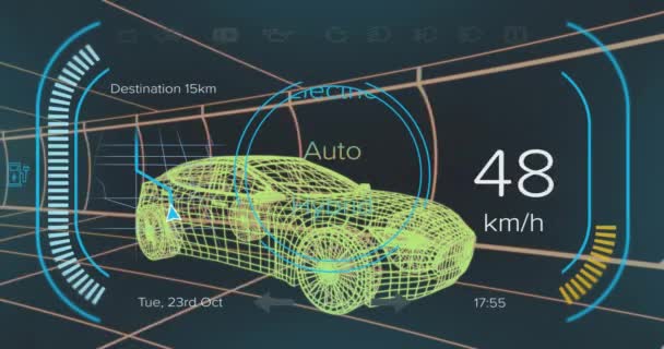 Animacja Danych Prędkościomierza Gps Stanu Naładowania Hybrydowym Interfejsie Samochodu Ponad — Wideo stockowe