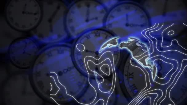 Animation Blue Lights Rotating Globe Contour Lines Turning Clocks Global — Stock Video