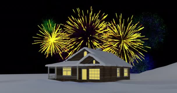 雪の中で家の上に夜空に爆発カラフルなクリスマスや新年の花火のアニメーション クリスマス お祝い パーティー 伝統的なコンセプトをデジタルで生成したビデオ — ストック動画