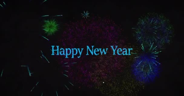Animación Feliz Año Nuevo Texto Azul Con Coloridos Fuegos Artificiales — Vídeo de stock
