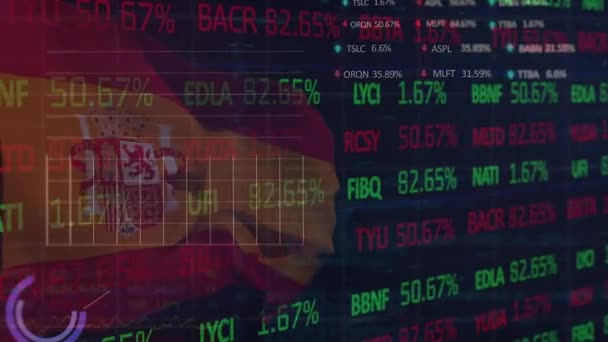 在黑色背景上的Spain标志上动画图形和数据处理 西班牙经济和商业概念数字生成视频 — 图库视频影像