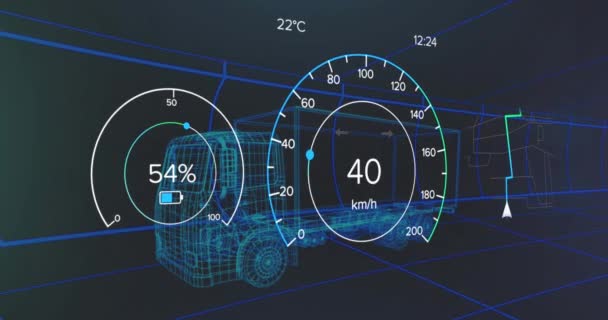 Animering Hastighetsmätare Gps Och Laddningsstatusdata Fordonsgränssnittet Över Lastbilsmodell Transport Och — Stockvideo