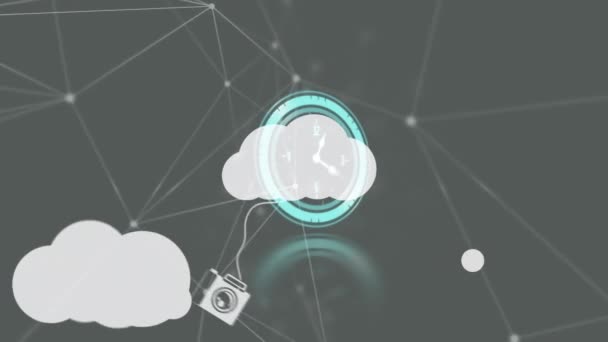 Saatin Animasyonu Simgeler Bağlantı Ağlarıyla Dijital Bulutların Üzerinde Hızlı Hareket — Stok video