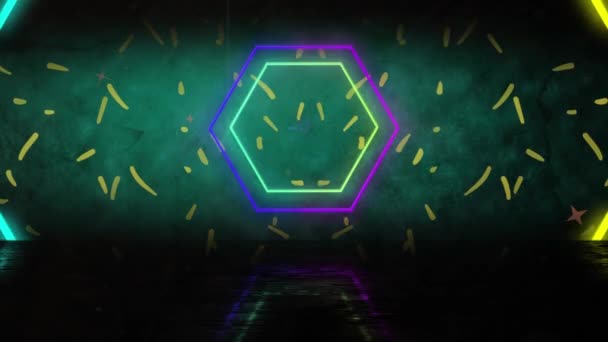 Animering Neon Flimrande Retro Text Med Neon Hexagoner Grön Bakgrund — Stockvideo