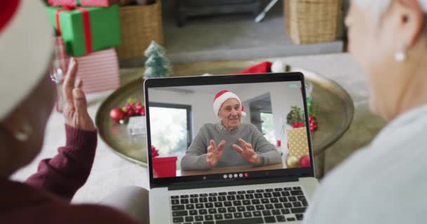 Olika Äldre Kvinnliga Vänner Använder Laptop För Jul Videosamtal Med — Stockvideo