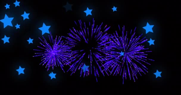Анимация Синих Звезд Новогодними Фейерверками Черном Фоне Рождество Новый Год — стоковое видео