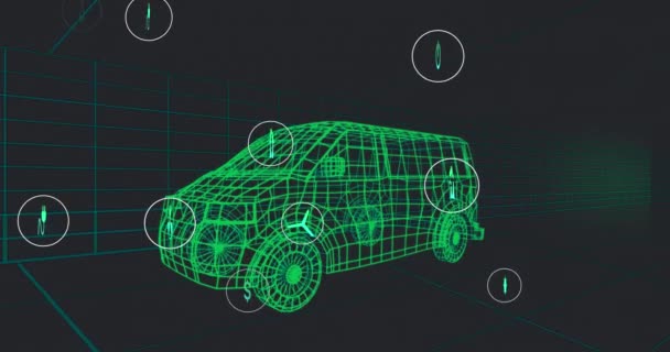 黒の背景に移動する3D車モデル上のアイコン処理ステータスデータのアニメーション 輸送と燃料技術 エンジニアリング設計とデジタルインターフェースの概念はデジタルで生成されたビデオ — ストック動画