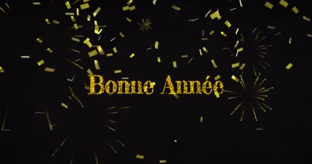 Animation Bonne Annee Text Yellow New Year Fireworks Gold Confetti — Stock Video