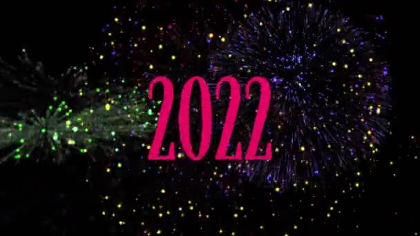 Animáció 2022 Szöveg Rózsaszín Színes Újévi Tűzijáték Felrobban Éjszakai Égbolton — Stock videók