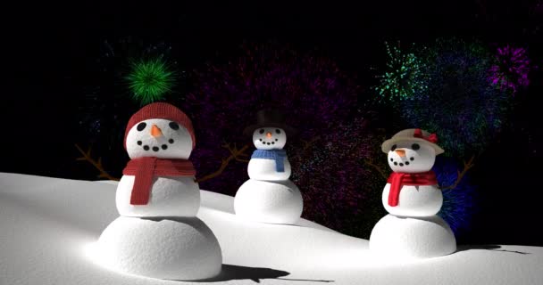 黒を背景にクリスマスの雪だるまの上に爆発カラフルな花火のアニメーション クリスマスとお祝いと伝統のコンセプトをデジタルで — ストック動画