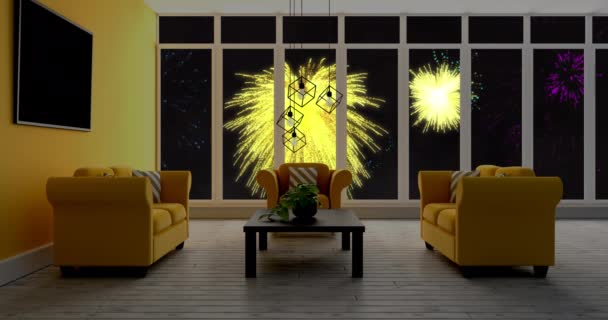 Animace Moderního Interiéru Žlutými Vánocemi Novoroční Ohňostrojem Explodující Noční Obloze — Stock video
