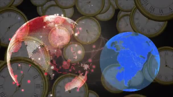 全球网络在时钟和世界地图上的动画化 全球通信技术和数据共享概念数码视频 — 图库视频影像