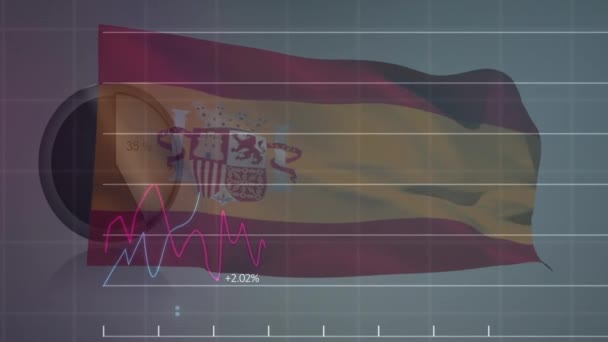 Animación Procesamiento Datos Gráficos Sobre Bandera España Sobre Fondo Gris — Vídeos de Stock