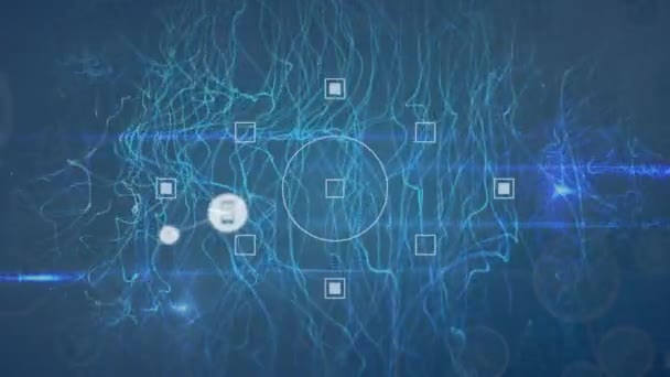 미디어 아이콘의 네트워크 애니메이션은 에너지 흐름을 파란색 배경으로 네트워크 디지털 — 비디오