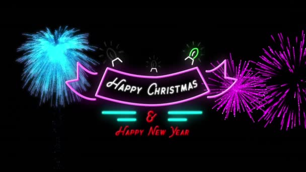夜空に花火が爆発してネオンサインで幸せなクリスマスと新年のテキストのアニメーション クリスマス お祝い パーティー 伝統的なコンセプトをデジタルで生成したビデオ — ストック動画