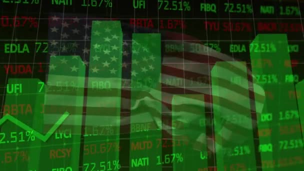 Animation Der Datenverarbeitung Und Grüne Graphen Über Der Flagge Amerikas — Stockvideo