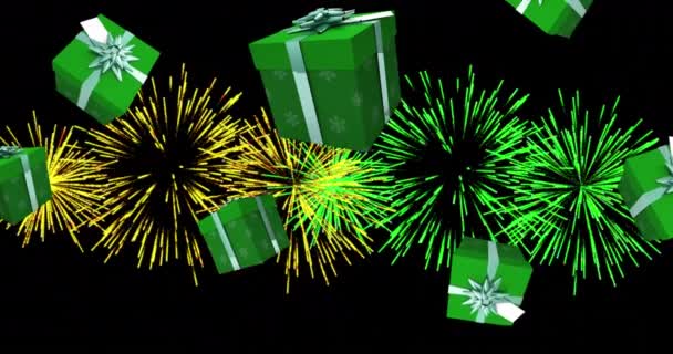 Animação Natal Verde Apresenta Queda Com Fogos Artifício Amarelos Verdes — Vídeo de Stock