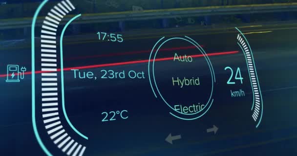 Animatie Van Snelheidsmeter Vermogenstype Laad Statusgegevens Hybride Voertuiginterface Vervoer Technologie — Stockvideo