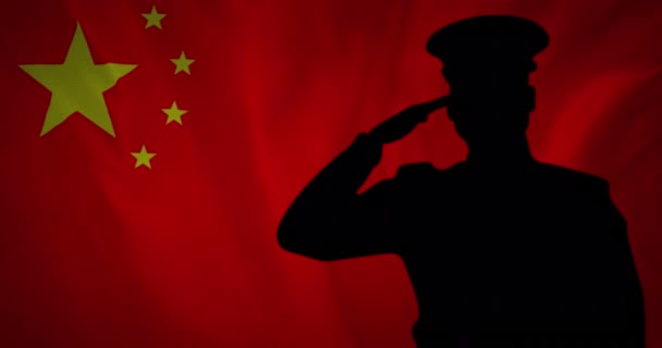 Animasi Bendera China Atas Siluet Tentara Cina Angkatan Bersenjata Dan — Stok Video