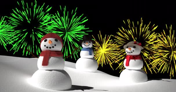 Анимация Снеговиков Желтым Зеленым Рождеством Новогодними Фейерверками Взрывающимися Ночном Небе — стоковое видео