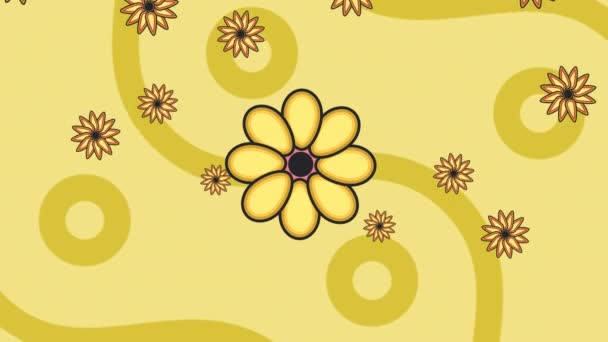 黄色の背景に金の曲線と円上のピンクと黄色の花のアニメーション 自然やお祝い事やイベントのコンセプトをデジタルで — ストック動画