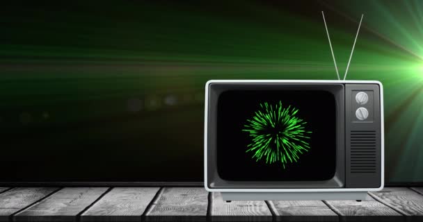 Animation Retro Set Green Christmas New Year Firework Exploding Screen — Stock Video