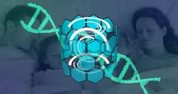 Çemberlerin Dna Iplikçiklerinin Çocukları Yatakta Uyurken Ebeveynlerin Üzerinde Dönmesi Küresel — Stok video