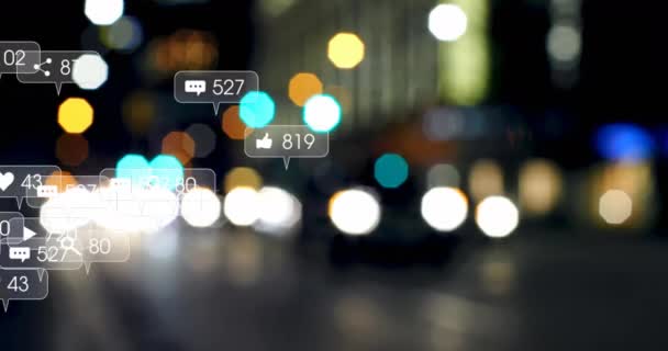 社交媒体的动画图标和数字在焦点外的交通信号灯 全球社交媒体 连接和数字视频接口概念 — 图库视频影像