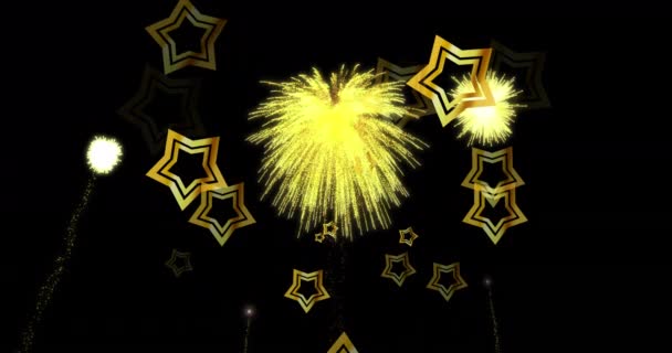 Animatie Van Kerstmis Nieuwjaar Gouden Sterren Met Vuurwerk Exploderen Nachtelijke — Stockvideo